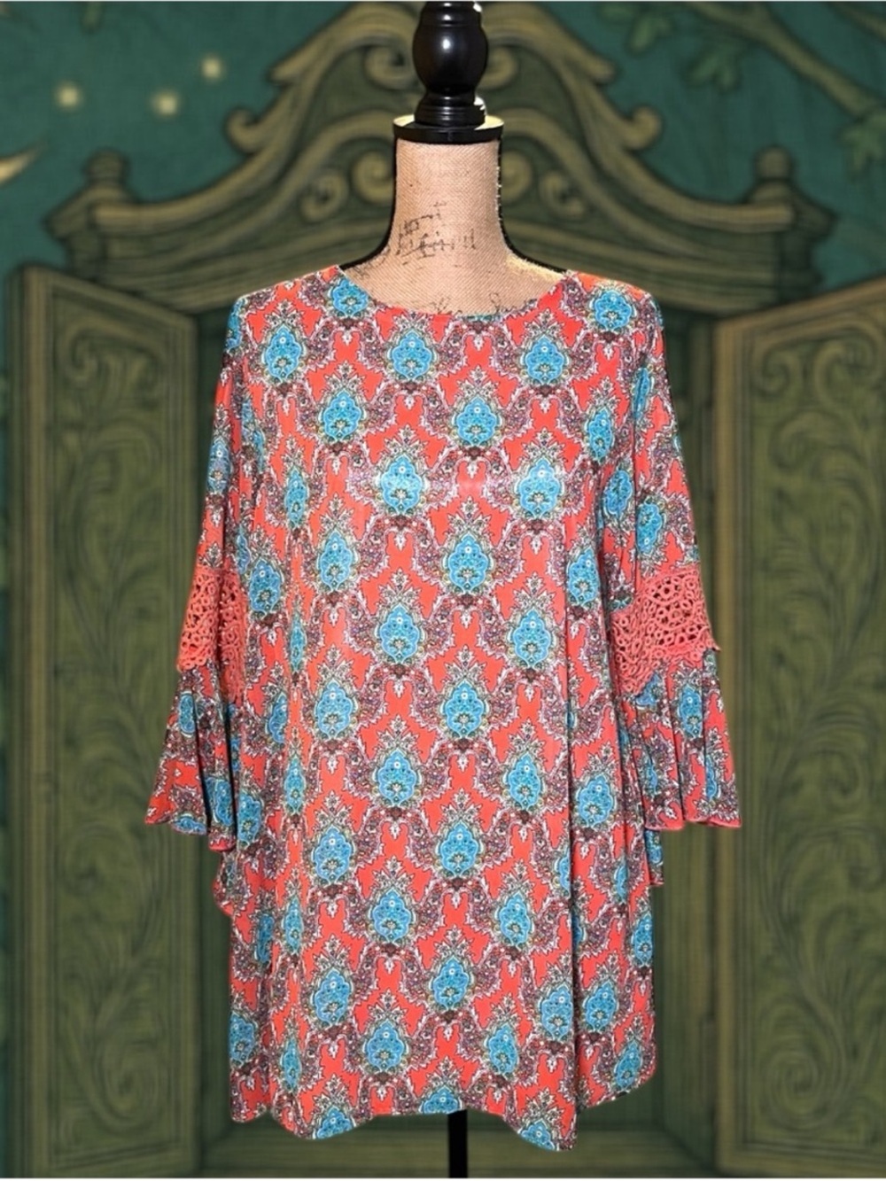 Lady Noiz Coral Paisley Boho Dress Bell Sleeves Crochet Lace Small - Picture 11 of 15